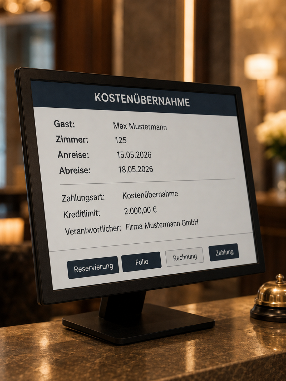PMS-Ansicht einer Kostenübernahme auf einem Monitor an der Hotelrezeption
