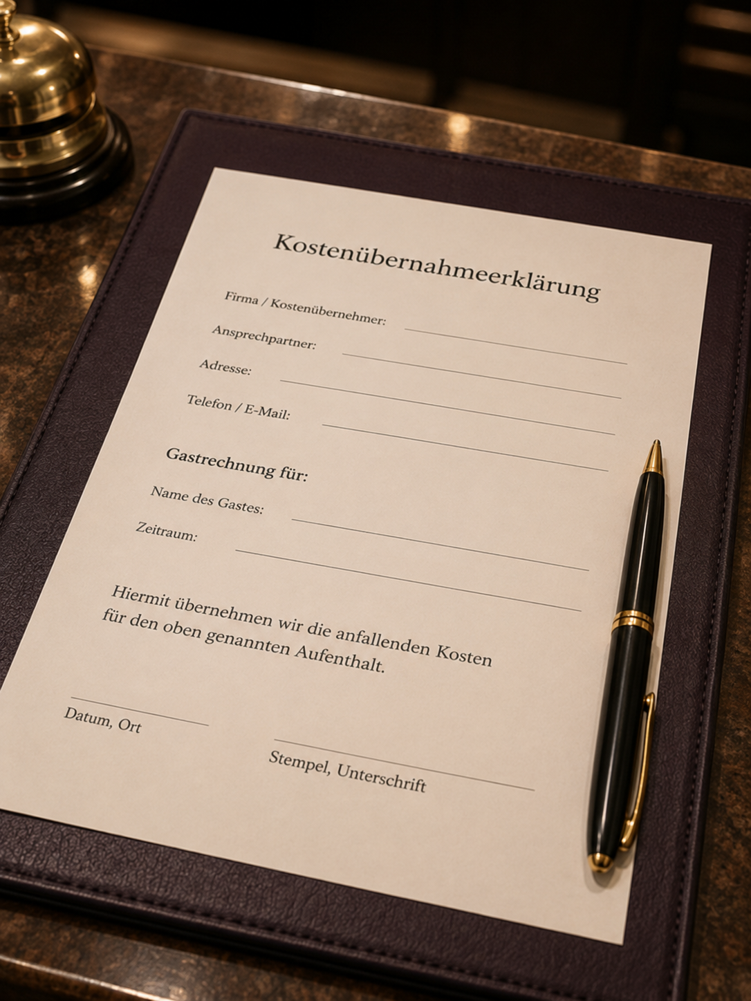 Schriftliche Kostenübernahmeerklärung auf einer Mappe an der Hotelrezeption