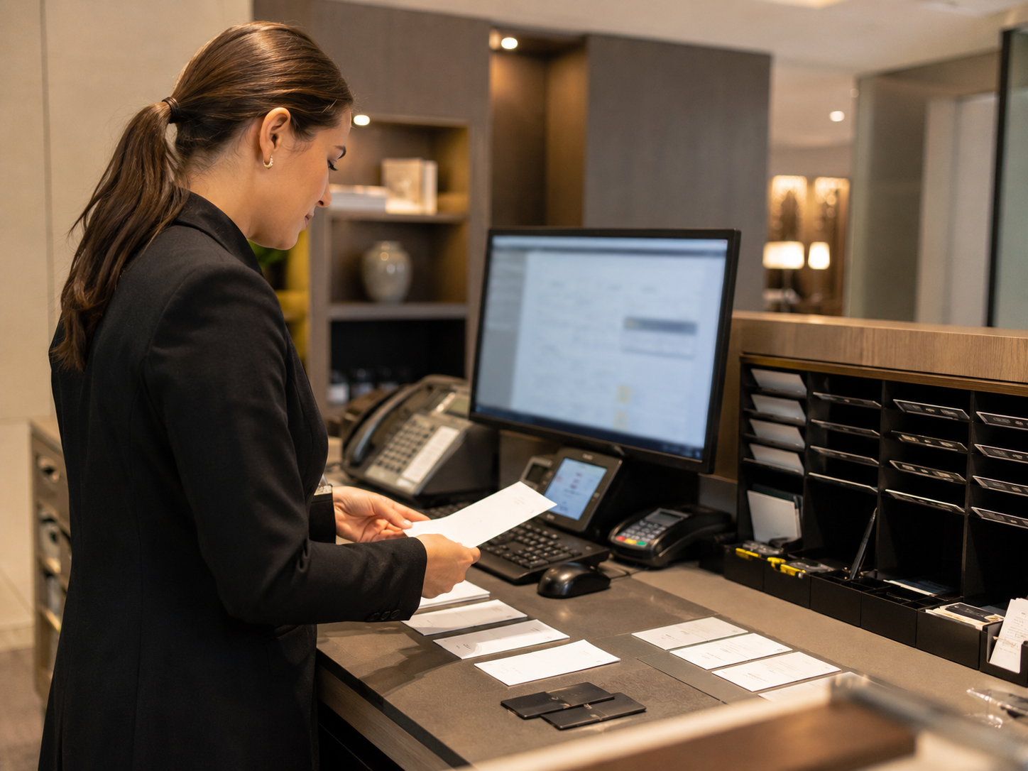 Front-Office-Mitarbeiterin prüft Gästekonto und Rechnung vor dem Check-out