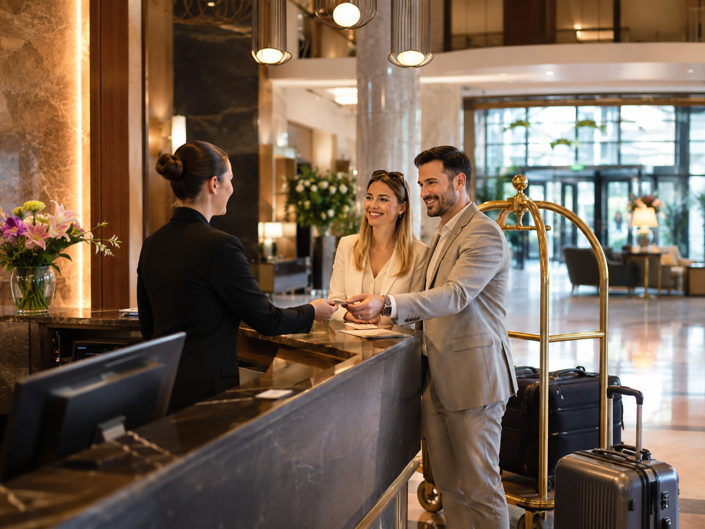 Gäste beim professionellen Check-out an einer Hotelrezeption