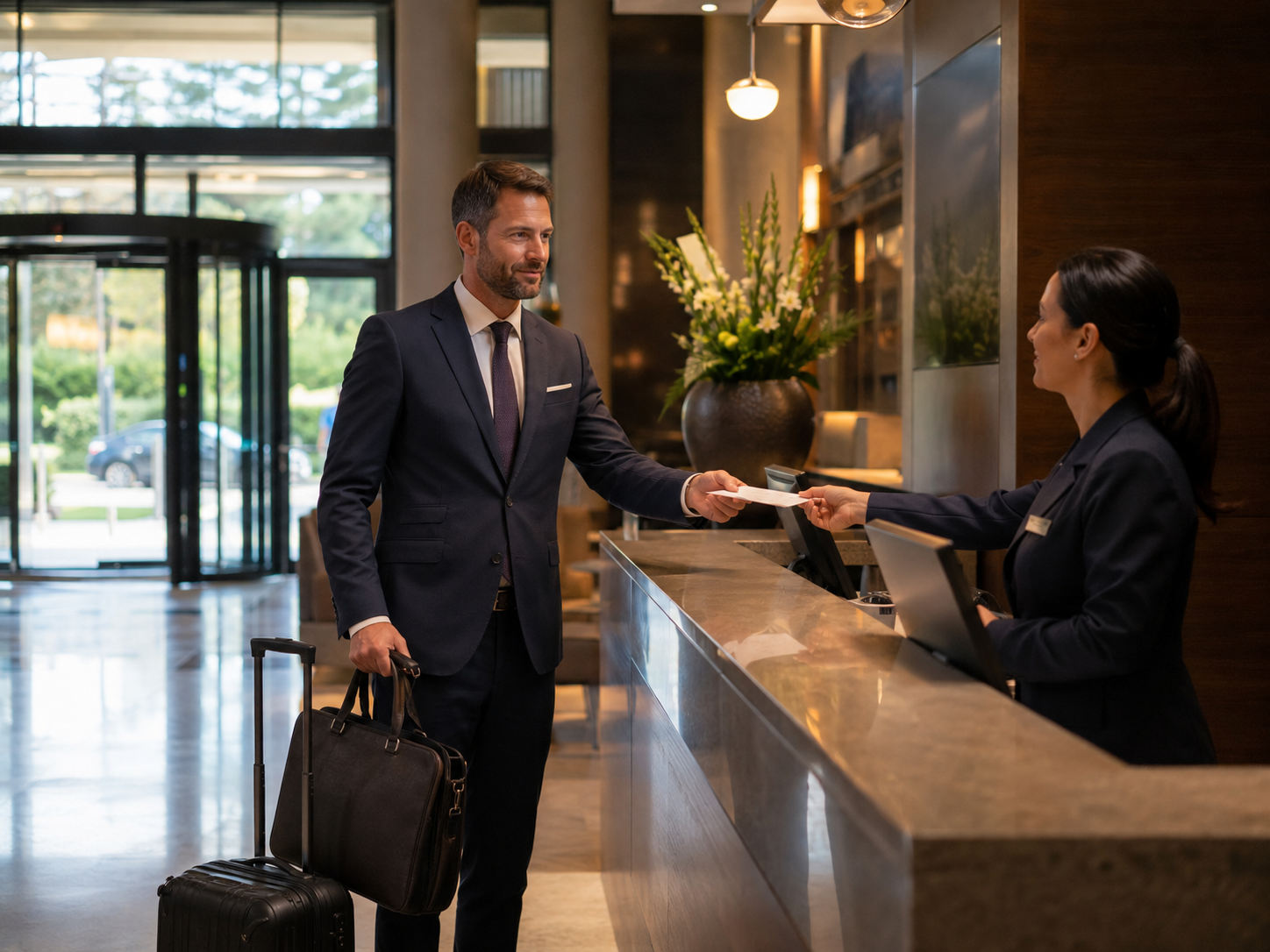 Geschäftsreisender erhält beim Check-out seine Hotelrechnung